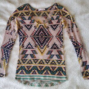 Vintage Boutique Maru Long Sleeve Mesh See Through Aztec Western Blouse Medium